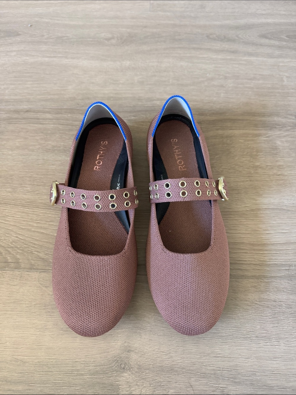 Rothy's Rosewood Mary Jane Flats with Gold Eyelet Strap and Blue Heel Trim